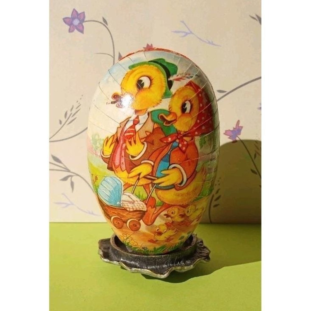 Vintage West‎ German Paper Mache Easter Egg 3.5" Candy Box Duck Family Ducklings